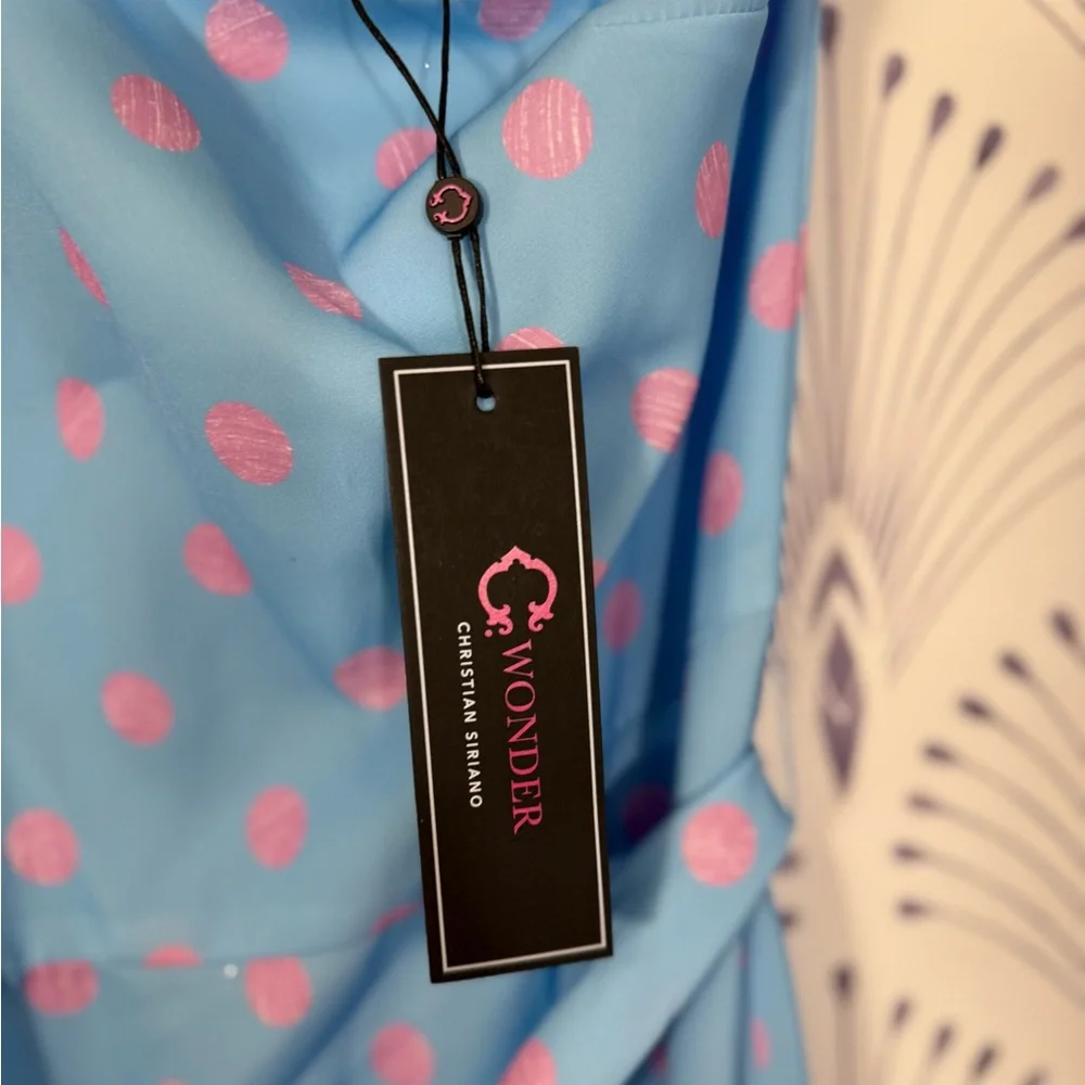 One-Shoulder Blue and Pink Long Polka Dot Dress - Picture 4 of 5